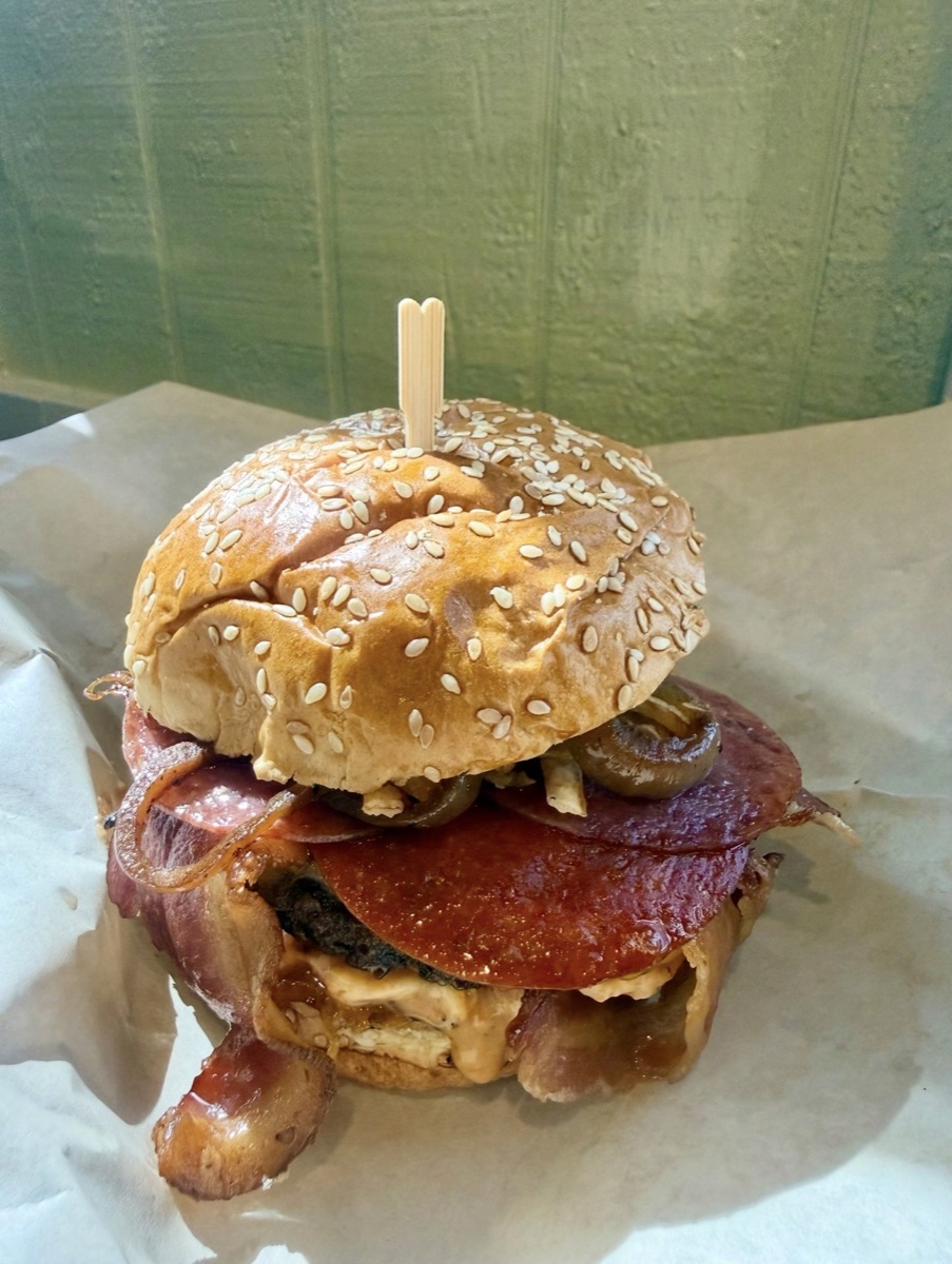 Sharky's Big Bite stacked burger